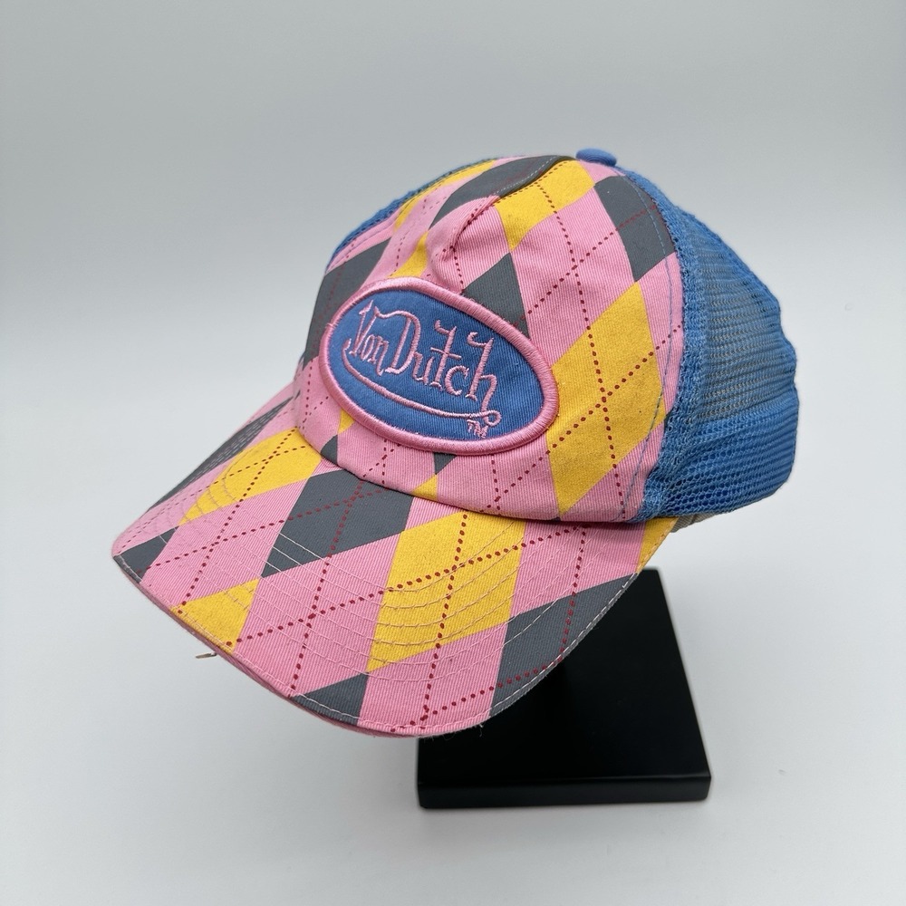 Y2K Von Dutch Argyle Plaid Pink Blue Mesh Trucker Hat Paris Hilton Indie Sleaze